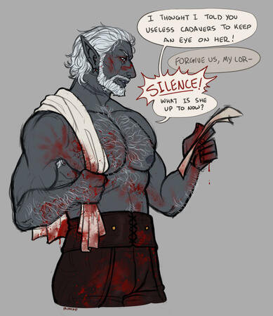 Artwork depicting my BG3 Durge, Houndaer, being annoyed ca. 2024