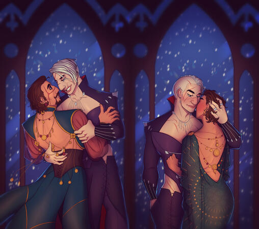 Artwork depicting my BG3 Tavs, Outis and Nimeni, with Abdirak for the 2024 Winter Gala Event