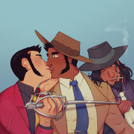 A piece depicting Lupin, Zenigata, and Jigen from the Lupin the Third series ca.2021