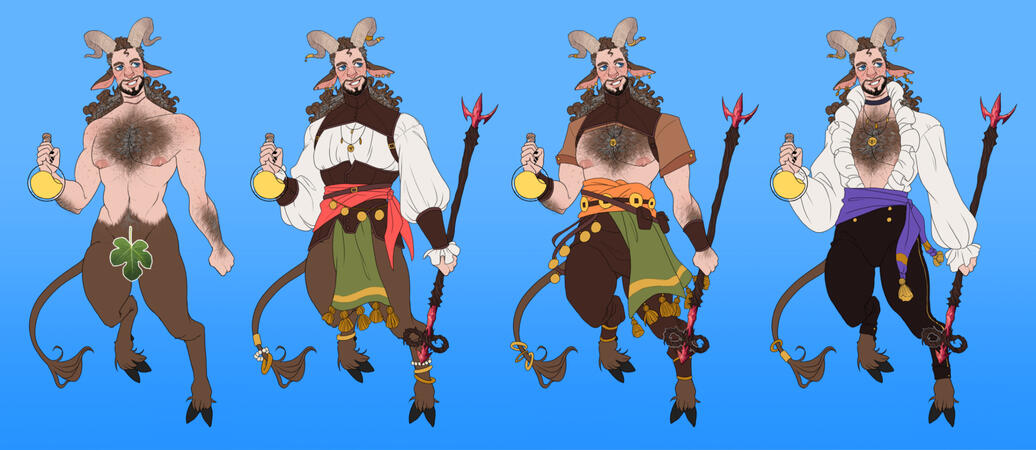 Outfit line up for my DnD character, Mox ca. 2024