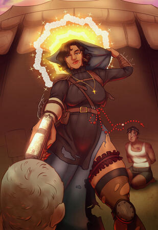 Depiction of my Courier from Fallout New Vegas about to shoot Caesar ca. 2023