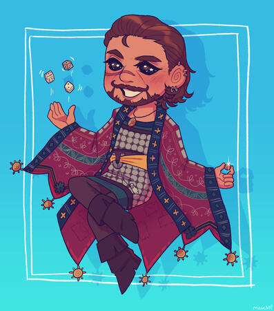 Artwork of a chibi version of my bg3 tav, Outis ca. 2024